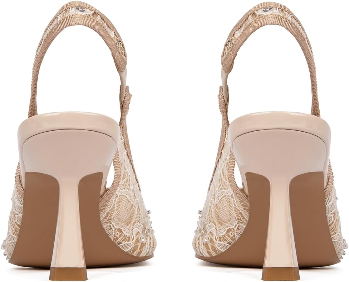 Slingback Wedding Heels for Women Bridal Lace Mesh Kitten Heel Closed Pointed Toe Pearl Pumps Shoes