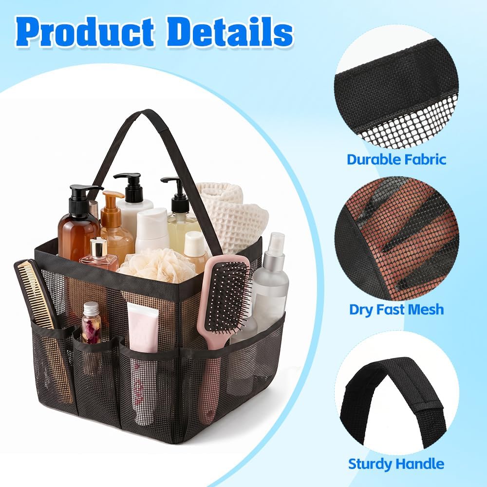 Mesh Shower Caddy, Beach Tote Bag Portable for College Dorm Room Essentials Large Capacity Shower Caddy Dorm Bag with 9-Pockets Quick-Dry Toiletry Organizer for Gym Beach Camping Travel Bathroom Black