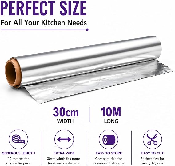 Aluminium Kitchen Foil 2xRoll 300mm x 10M Extra Strong Cooking Foil Tin Foil for Baking Roasting Grilling Food Wrapping Catering Kitchen Use for BBQ & Cooking Durable Silver Foil