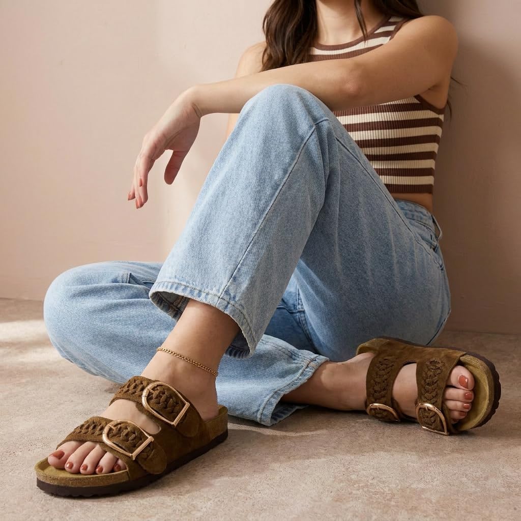 CUSHIONAIRE Cashew Slip On Womens Sandals, Genuine Suede Leather Braided Double Strap Slide On Sandals with Adjustable Big Buckle for Women