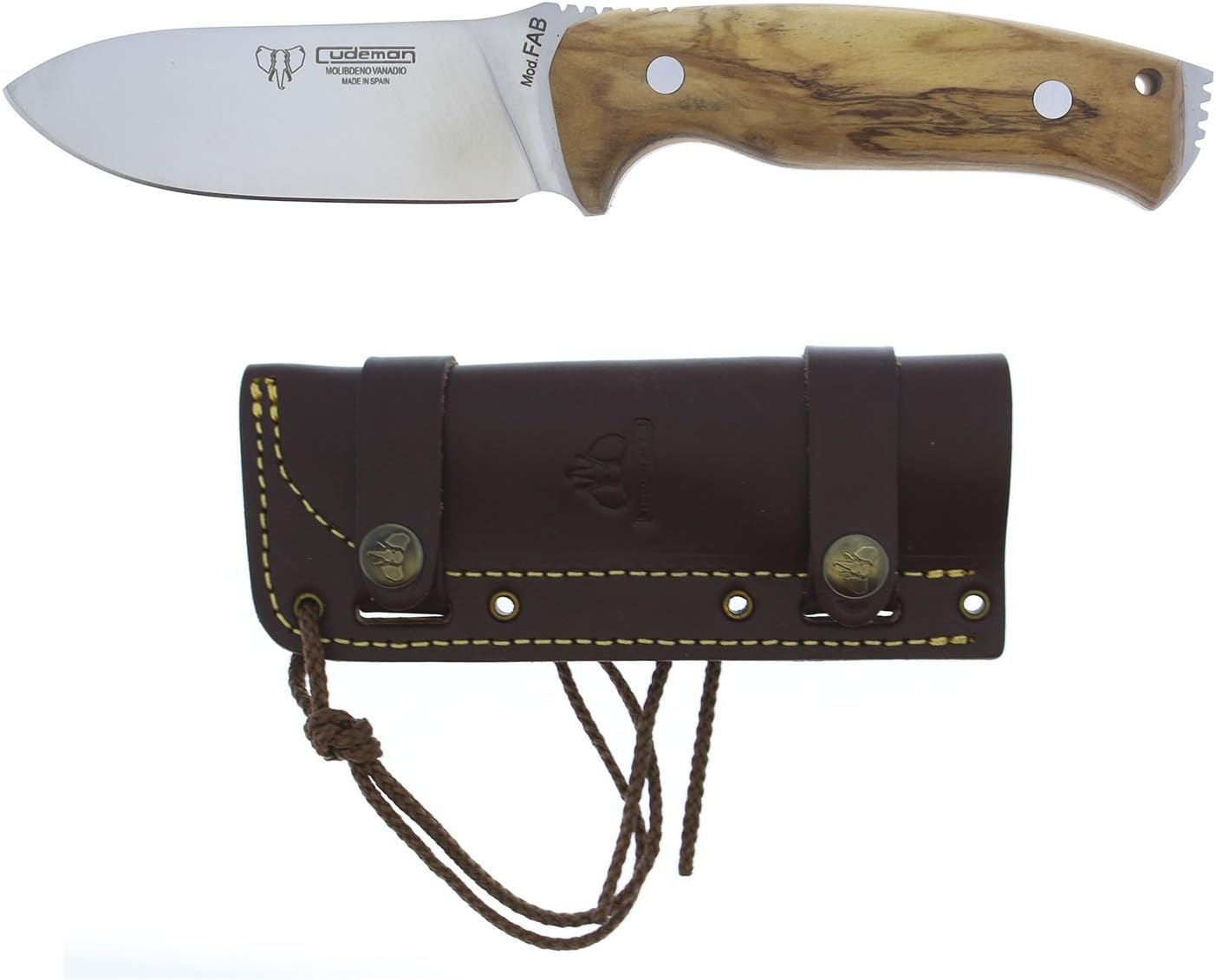 Cudeman Survival Fixed Blade Knife 298-L' FAB' Model with Olive Wood Handle and Black Leather Cover Included - Exclusive Model for Electropolis