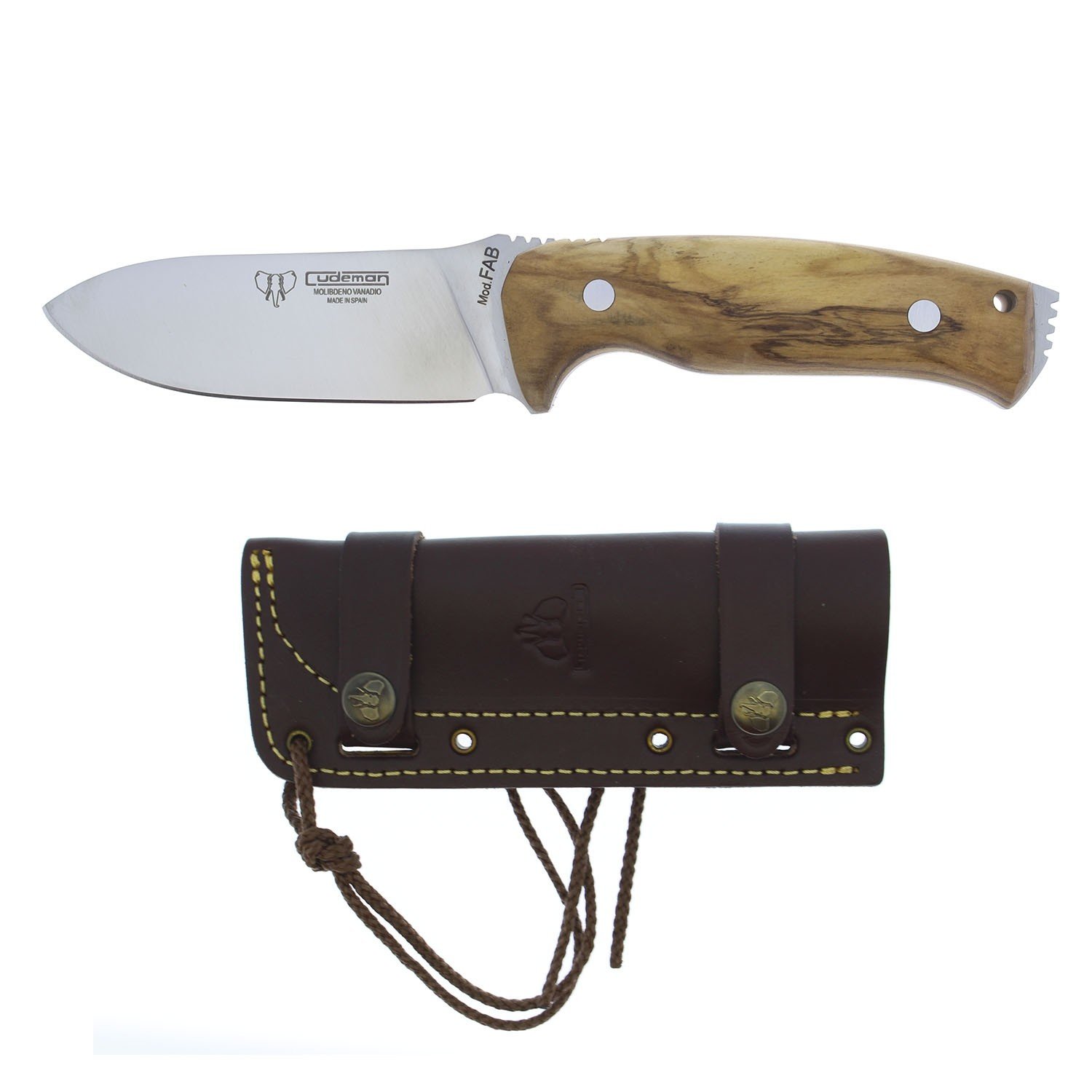 Cudeman Survival Fixed Blade Knife 298-L' FAB' Model with Olive Wood Handle and Black Leather Cover Included - Exclusive Model for Electropolis