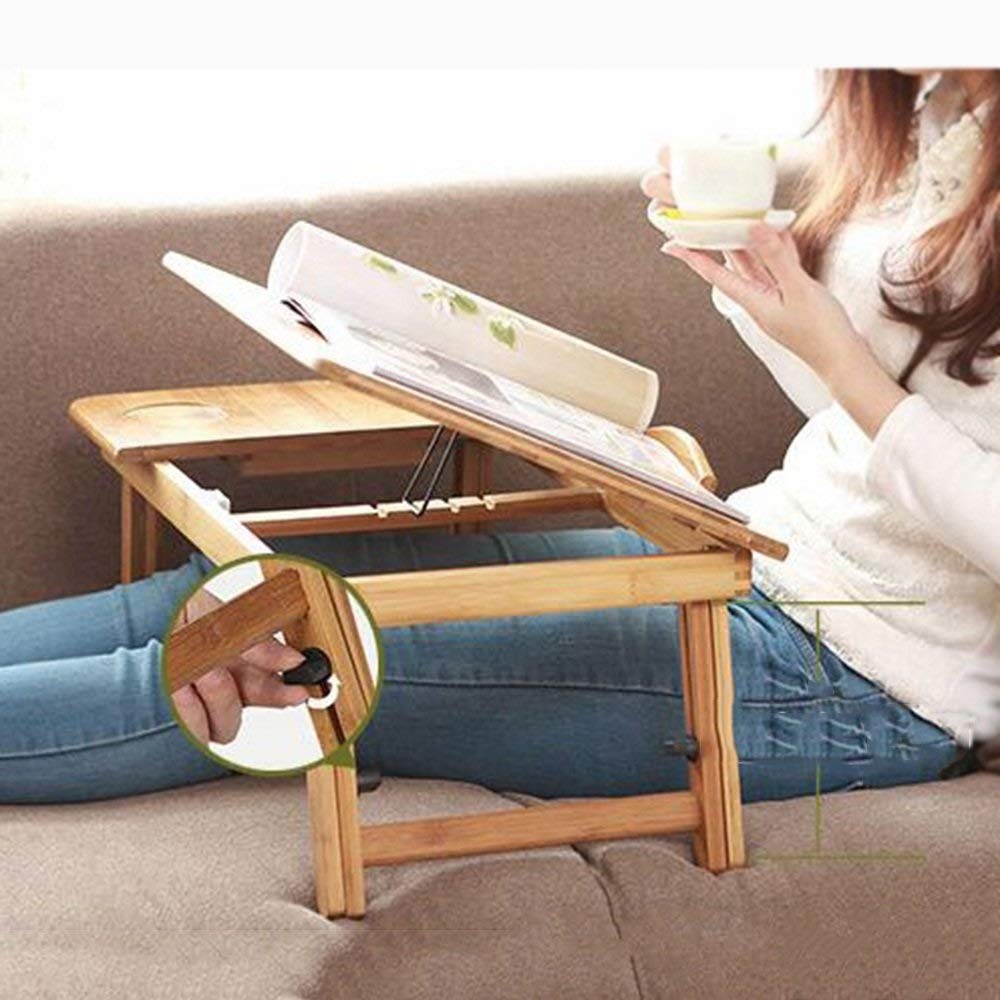 Bureau d'ordinateur portable pour canapé-lit avec plateau inclinable réglable, plateau de service pour petit-déjeuner avec pieds pliants, table multifonction, bureau au sol, 100 % bambou nature (tail