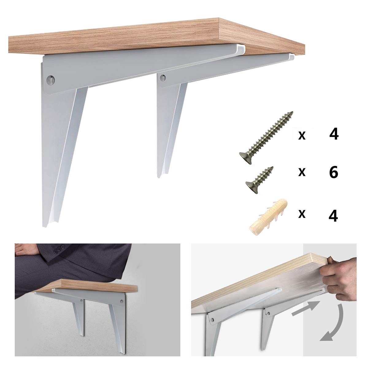 Buy DMSL White Folding Shelf Brackets 8 inch for 160 lb/70 kg, Heavy