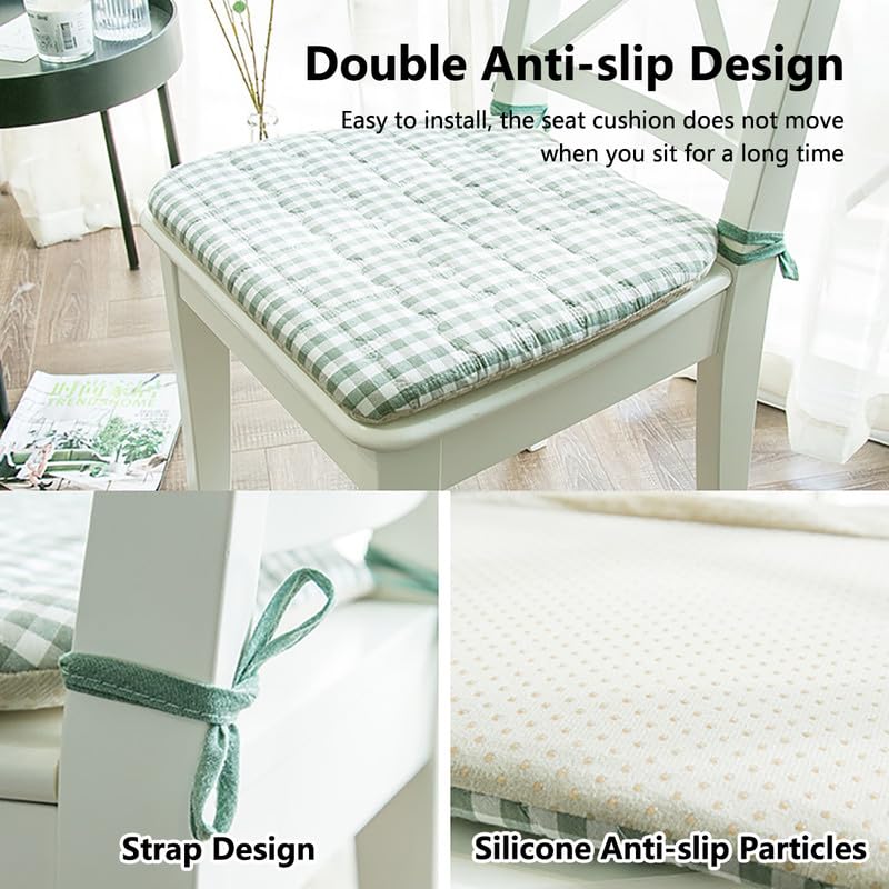 4 Pack Cojines De Silla para Sillas De Comedor, 16.9" x 15.7" Cojín De Silla De Cocina A Cuadros Antideslizante con Lazos, Cojín De Asiento De Esponja En Forma De U para Sillas, Verde