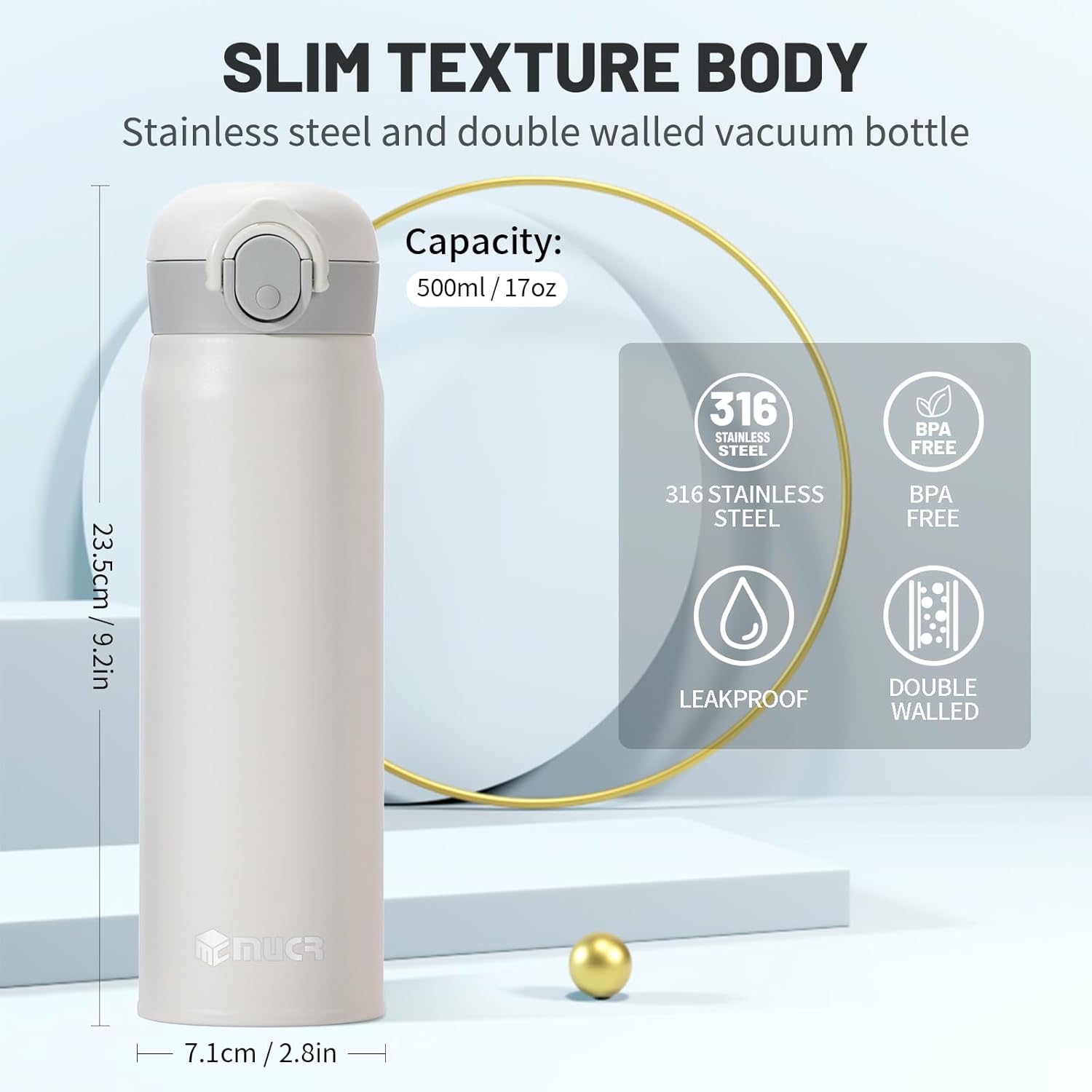 17 oz / 500 ml Insulated Water Bottle, Stainless Steel Thermo Coffee Travel Mug, Thermal Cup with Snap Flip Lid, BPA Free for Hot and Cold Drinking, White - Image 3