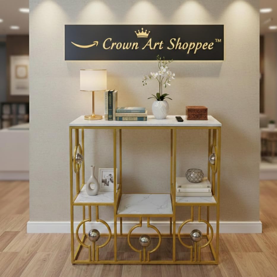 Image of Console Table with Storage, Modern Engineered Wood, Gold Metal Frame with Decorative Spheres, 30x30x7.5 Inch (White Gold)