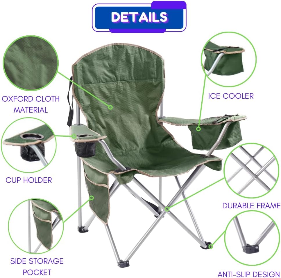 EZONE 2-Pack Camping Chairs with Built-in Ice Cooler, Portable Chair, Storage Pocket, Cup Holder, and Carry Bag Perfect for Camping, Tailgating, Fishing, Beach, and Lawn (2, Olive Green)