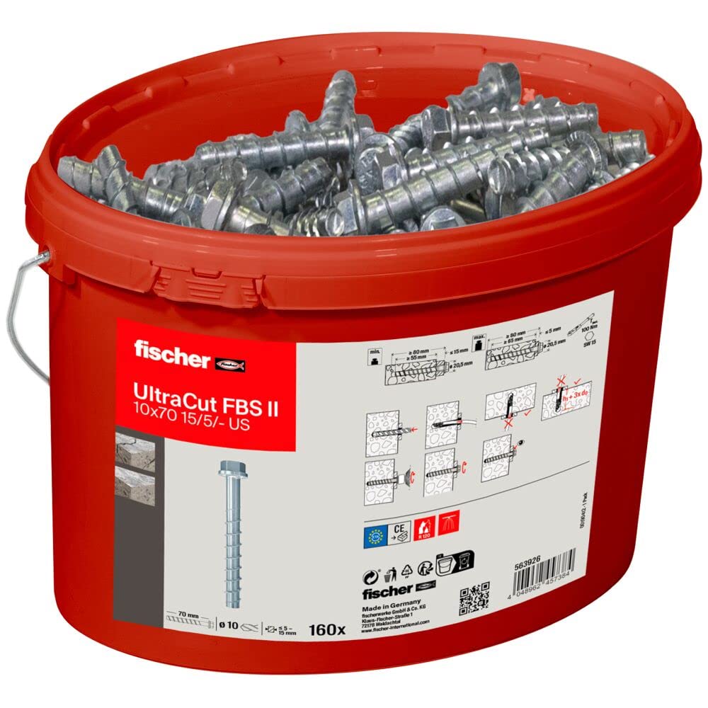 Fischer UltraCut FBS II 10x70 15/5 US Secchio 160x Viti per Calcestruzzo Testa Bombata Larga per Fissaggio e Rinforzo Solai in Cemento, Riultilizzabili, per Zona Sismica C1 e C2