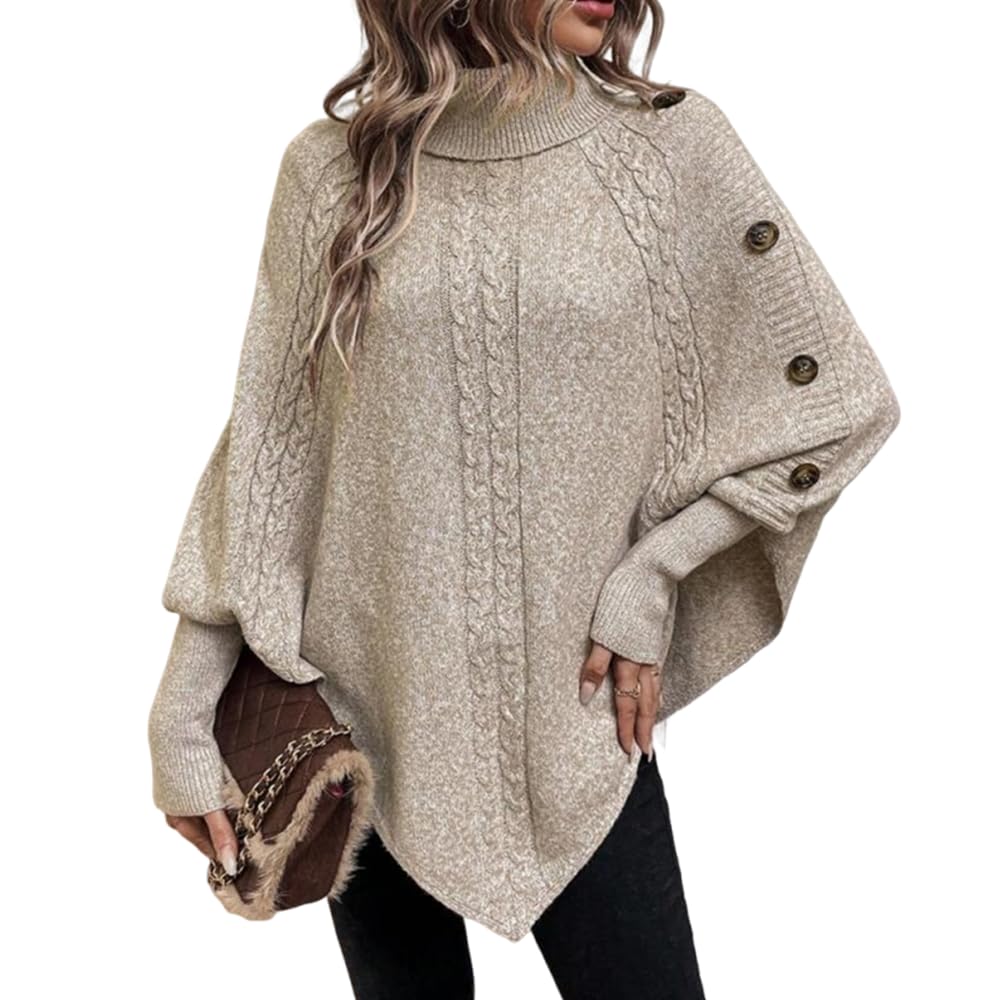 Melliflo Womens Oversized Poncho Sweaters Turtleneck Button Batwing Sleeve Cable Knit Sweaters Elegant Warm Pullover Tops