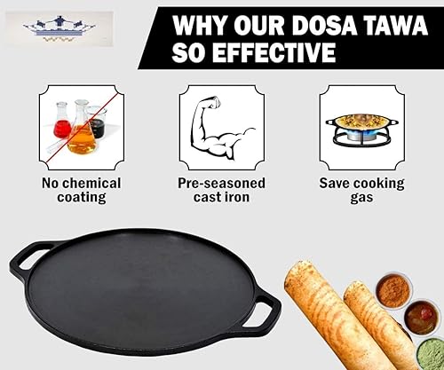 Miniatura 5 de Will and Weaves - Plancha de hierro fundido pre-sazonado Dosa Tawa de 12 pulgadas Roti Tawa Chapati Tawa de hierro fundido seguro para inducción
