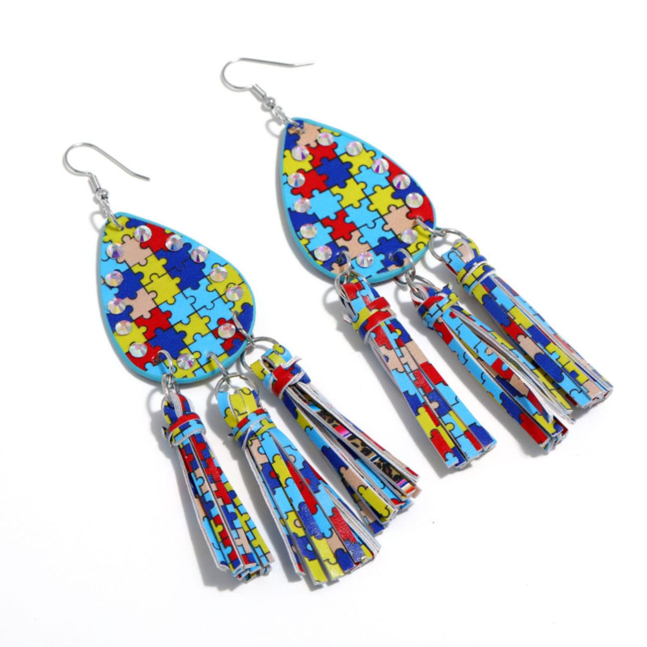 RWRAPS Damen-Ohrstecker-Set, Damen-Ohrstecker, Herren-Ohrstecker, runde Ohrstecker, Edelstahl-Ohrstecker, Leder-Quasten-Ohrringe, Bunte Quadrate