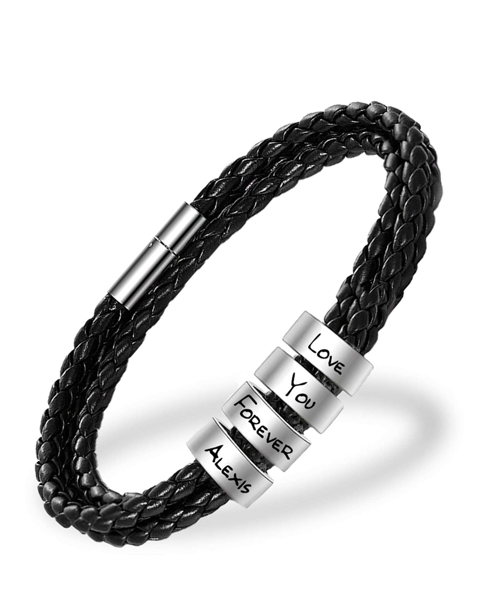 Mens Leather Bracelets with 1-8 Engraved Beads Name, Custom Name Braid Bracelet Personalized Men's ID Bracelet for Dad, Grandpa