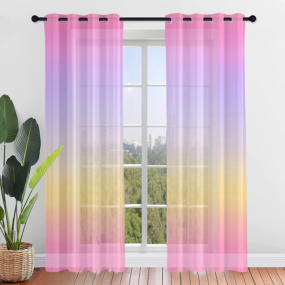 Hiseng Voile Curtains for Bedroom 2 Panels, Sheer Curtains Eyelets Net Translucent Window Screen Gradient Color Tulle Door Drapes for Living Room Home Balcony Decorative (107x244cm,Pink Purple)