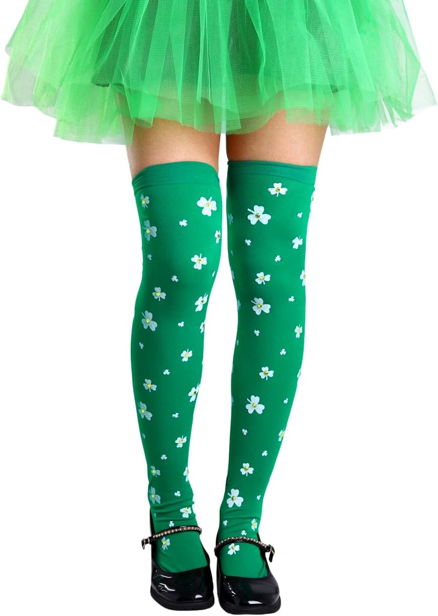 CanB St. Patrick's Day Thigh High Stockings Green Over Knee High Socks Shamrock Striped Long Stockings Irish Costume Socks