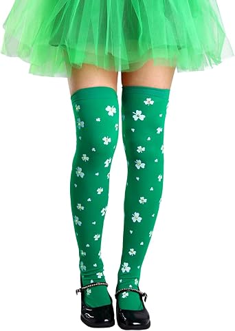 CanB St. Patricks Day Thigh High Stockings Green Over Knee High Socks Shamrock Striped Long Stockings Irish Costume Socks