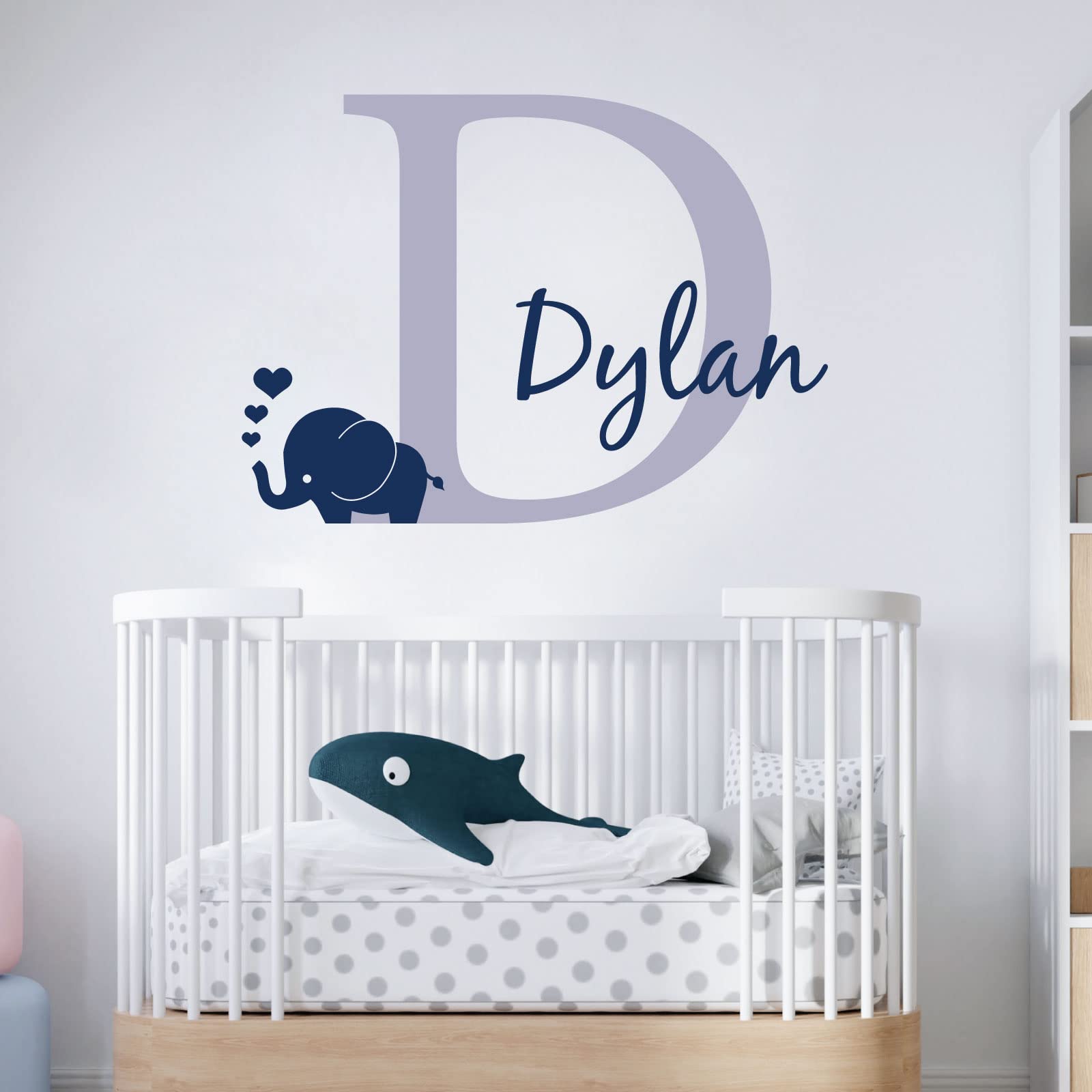 Personalised Baby Girl/Boy Name with Initial Letter and Baby Elephant, Hearts - 2 Colours [Large] [Light Grey]