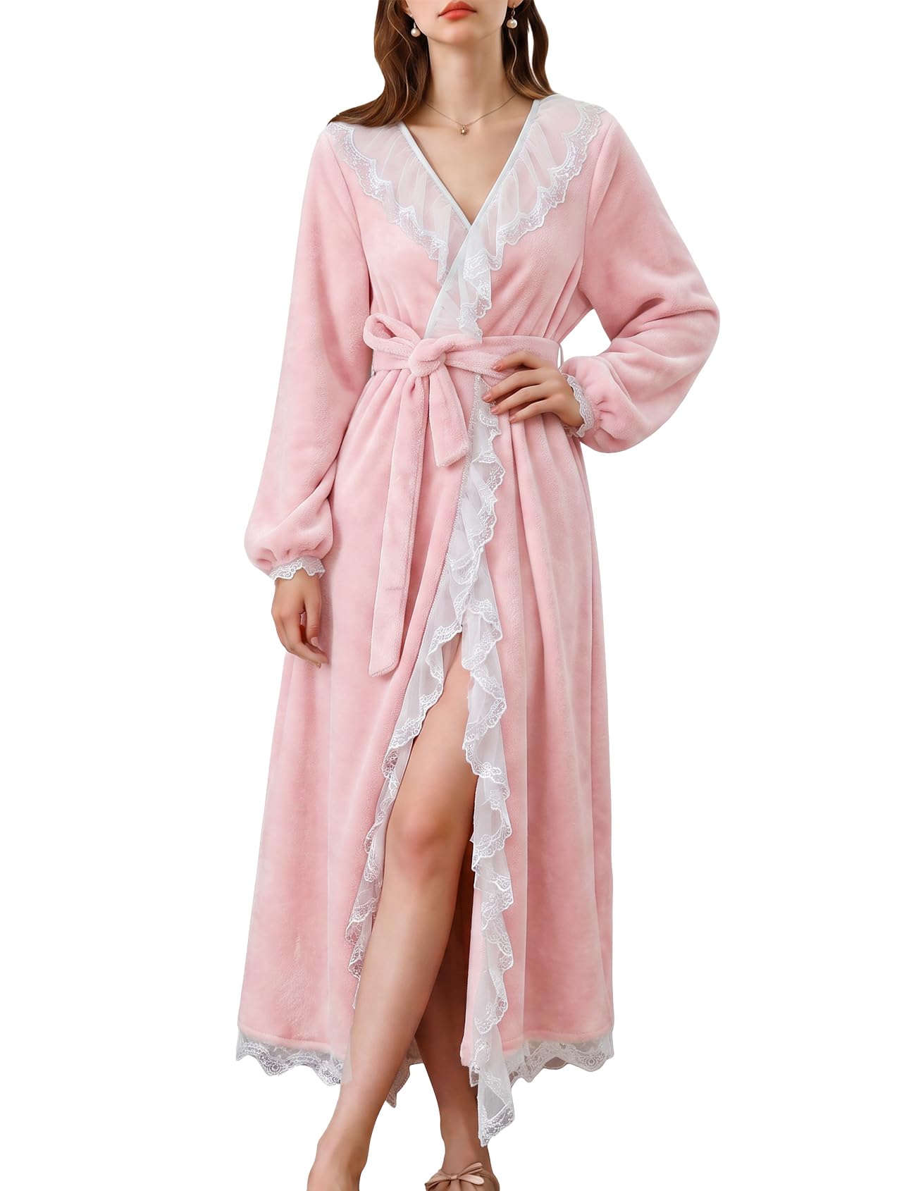 Yimoon Womens Fluffy Robe Lace Ruffle Plush Long Bathrobes