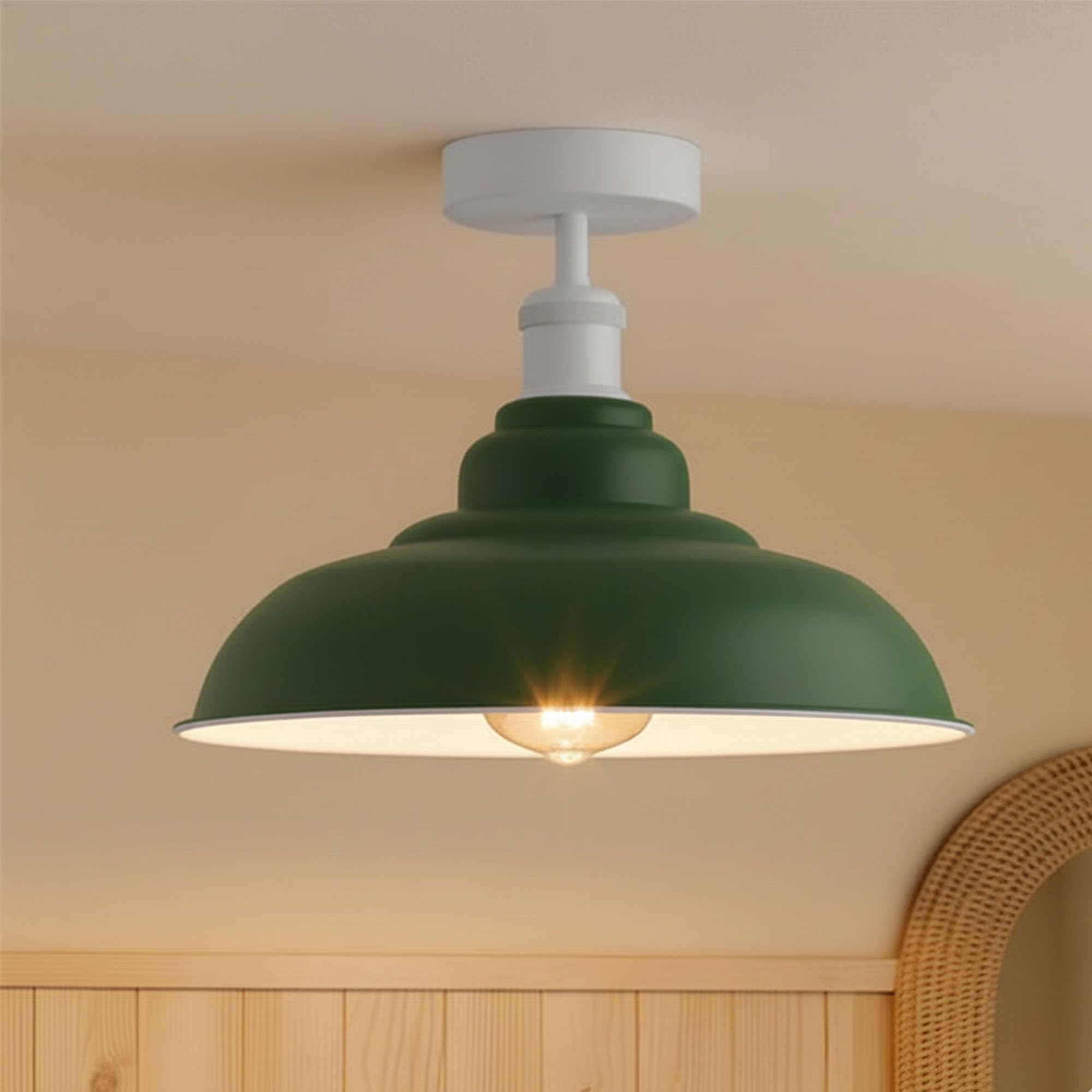 Dc Voltage Green Vintage Flush Mount Ceiling Lighting E27 Holder With 32Cm Lampshade Easy Fit Premium Quality Anti Rust Durable Metal Semi Flush Light Fitting For Kitchen Bedroom Livingroom No Bulb