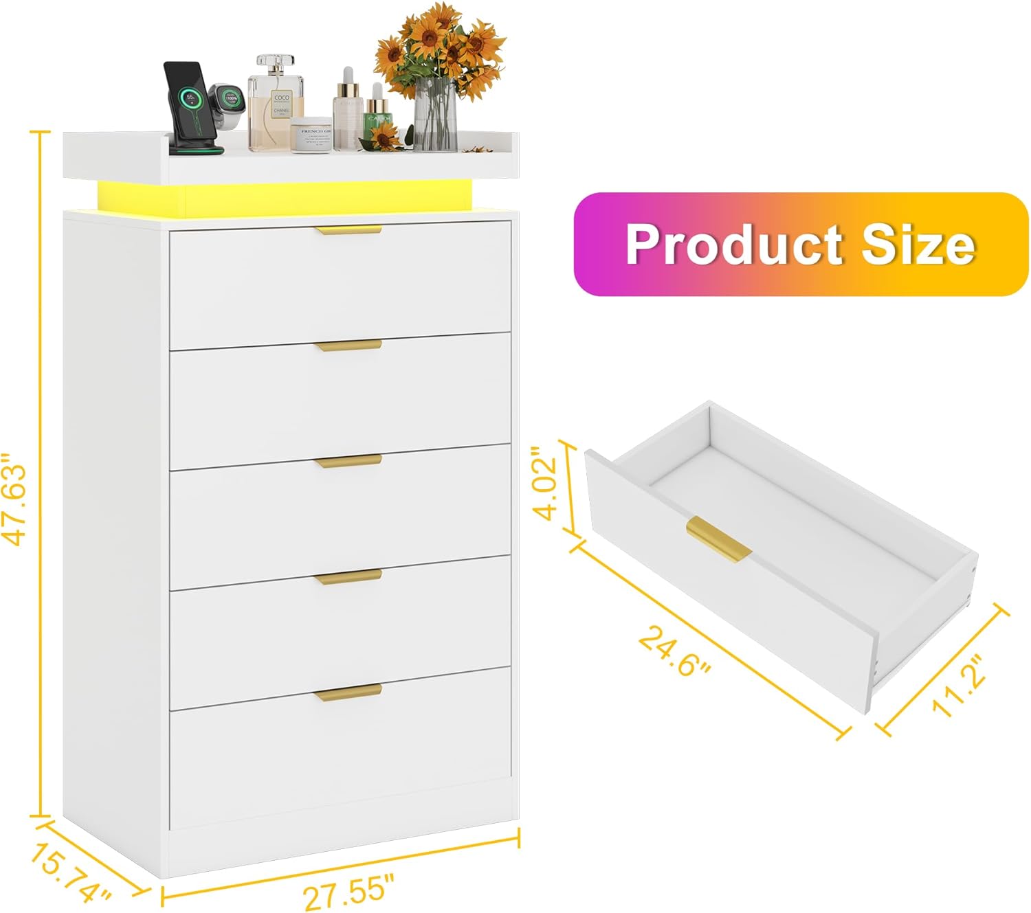 White 5-drawer dresser with LED lights on, displaying items on top