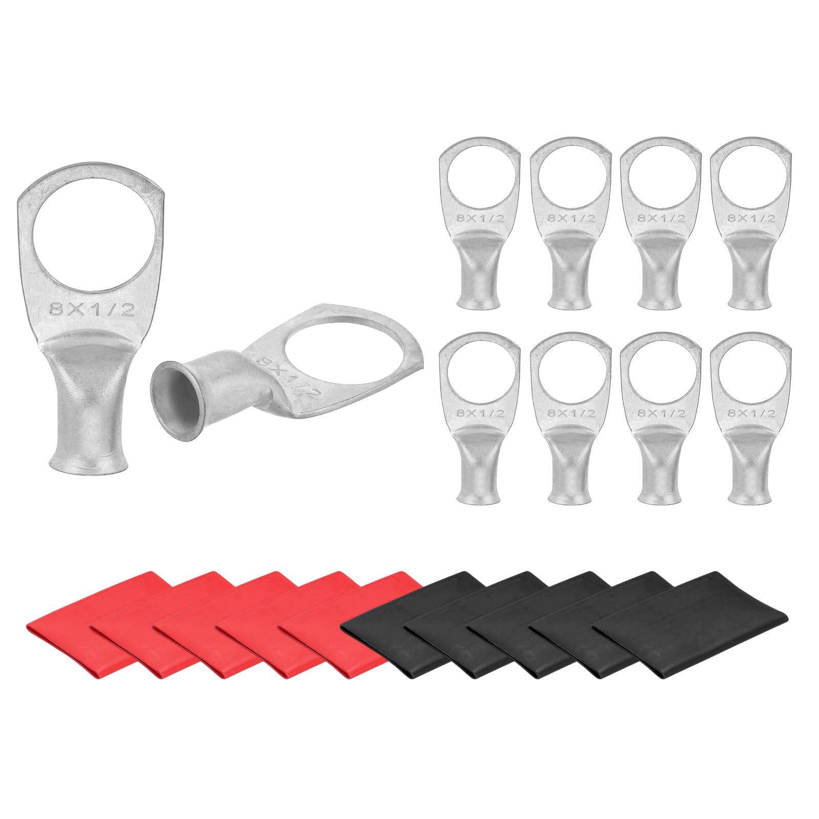 sourcing map 10 Pcs Battery Cable Ends 8 AWG 1/2 Inch Tubular Ring Terminals Closed End Crimp Connectors Bare Copper Eyelet with Heat Shrink Tubing, Silver