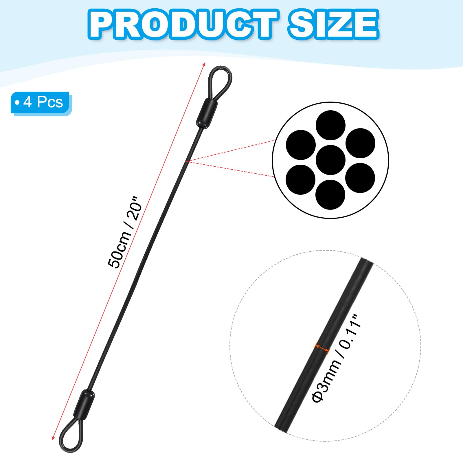 Câble De Sécurité En Acier Inoxydable Gainé Vinyle - Longueur 5 Pieds (150 Cm), Diamètre 5 Mm - Boucles Pour Cadenas, Fixation Légère