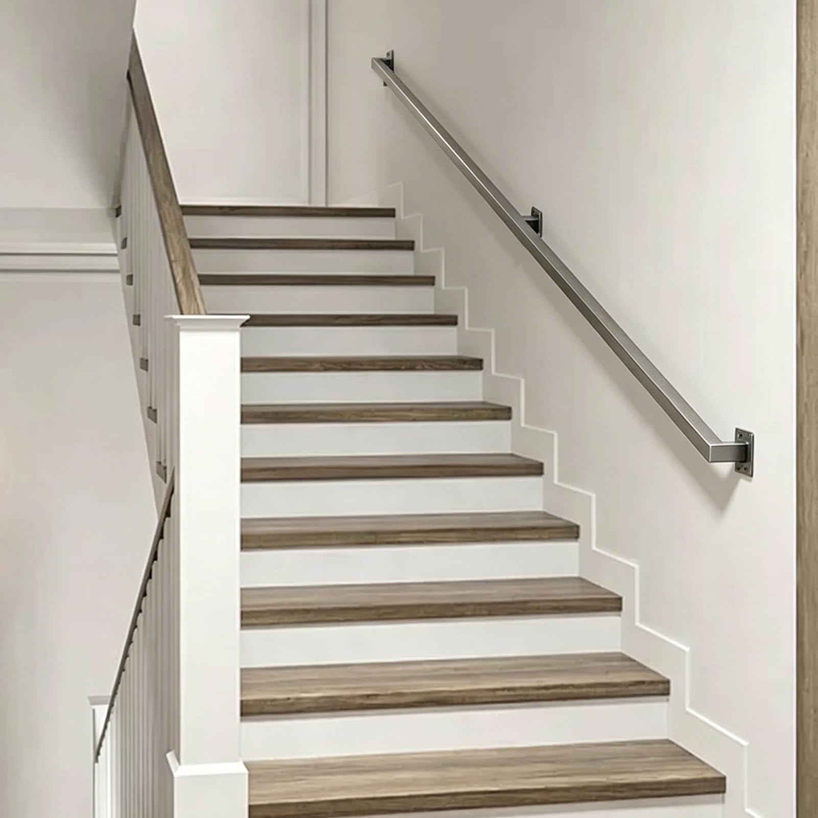 Hamankim One Color Modern Stair Banister For Walls, Indoor/Outdoor Square Pipe Handrail Railing, Silver Stainless Steel Guardrail Support Rod - Complete Kit, For Loft Corridor & Deck(19Ft/5.7M)