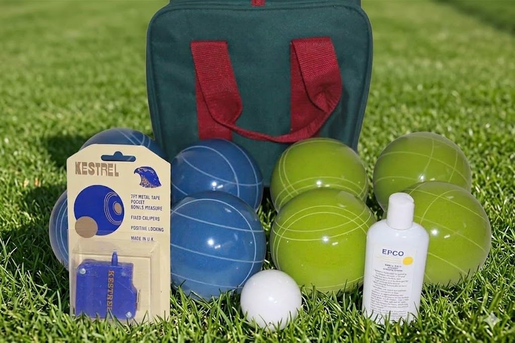 BuyBocceBalls Listing - Made in America, Premium Tournament Bocce Set - 110mm Blue and Green Balls, Nylon Maroon Bag, 998 Grams (2 lbs. 3.2 oz.). Polish. Measure Device