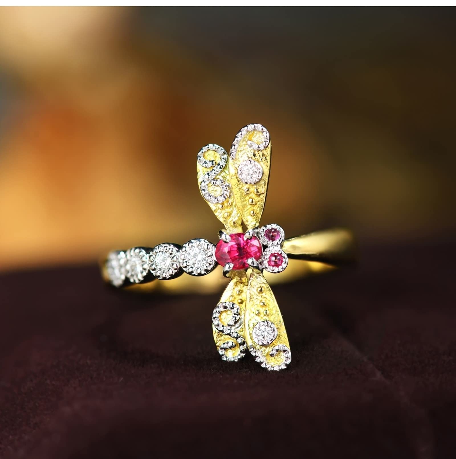 KnSam Echt Gold Ring Für Damen Schmuck Gold Au750 18K, Eheringe 0.2ct Rubin Libelle Pärchen Ringe mit Ovalschliff Eheringe