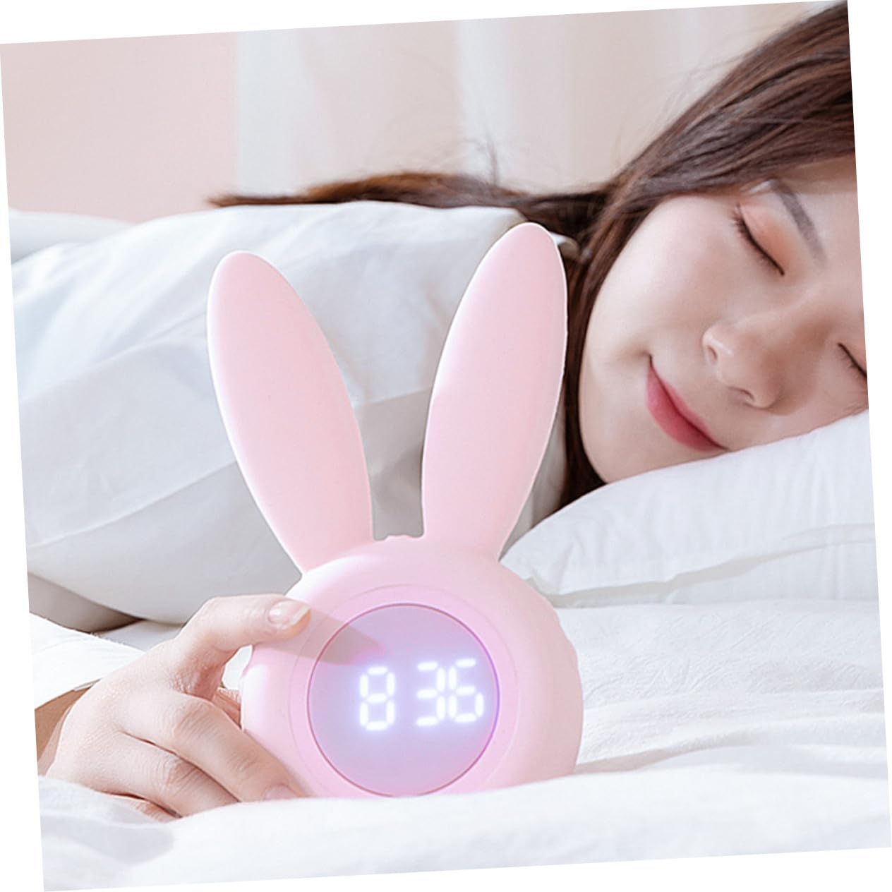VALICLUD Reloj Despertador Infantil LED con Orejas de Conejo Recargable USB Magnético y Colgante Pequeño y Silencioso para Escritorio Color Rosa