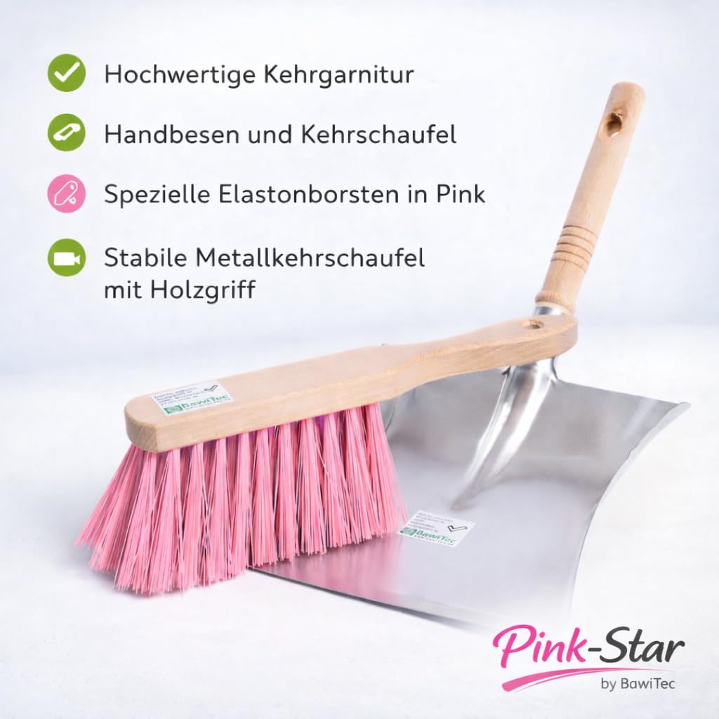 Pink-Star Besen Handfeger Set Straßenbesen mit Pinken Borsten Komplett-Set mit Stiel Besenstiel Hochwertig Langlebig für Draußen Garten Werkstatt Haus und Hof 60cm mit Holzstiel