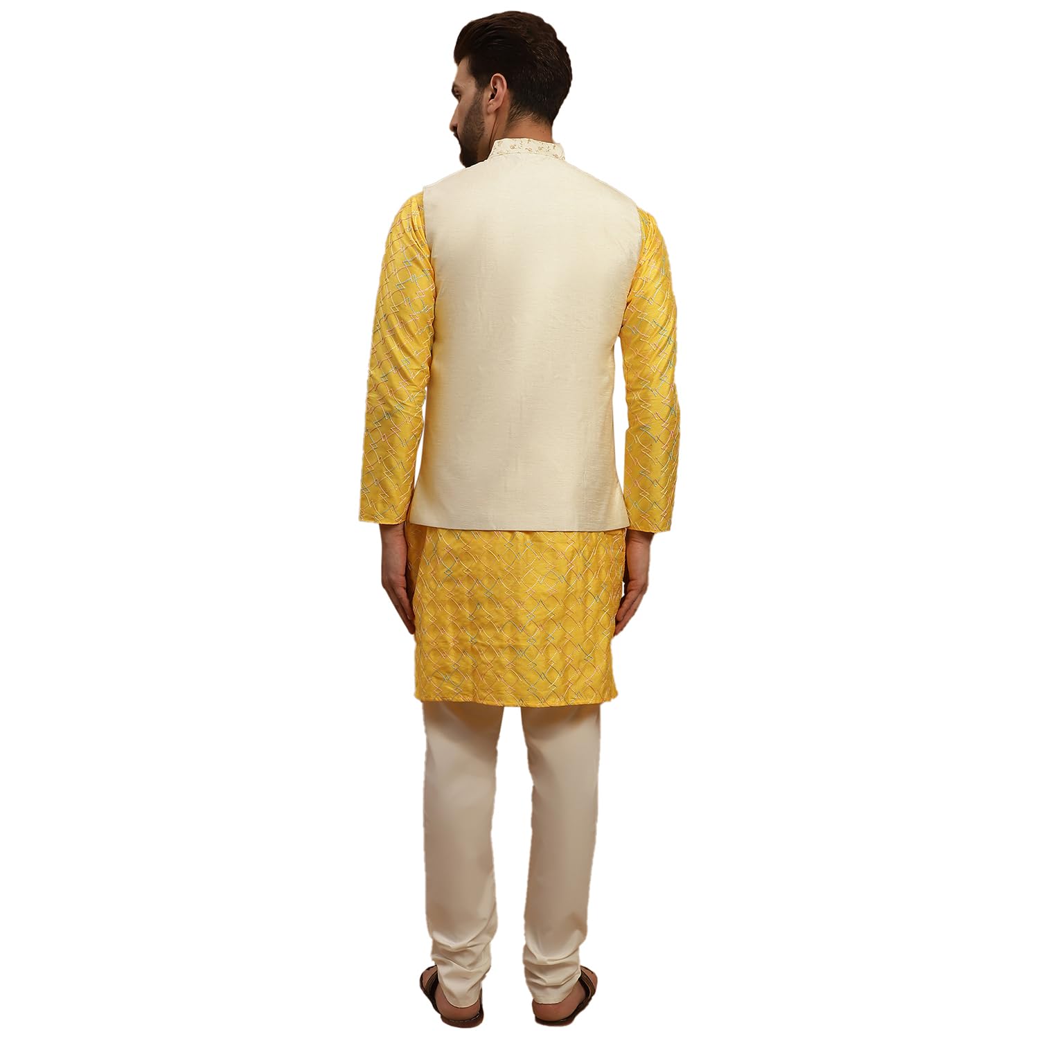 Sojanya (Since 1958 Men's Silk Blend Mustard Kurta And Cream Pyjama With Cream Embroidery Nehru Jacket