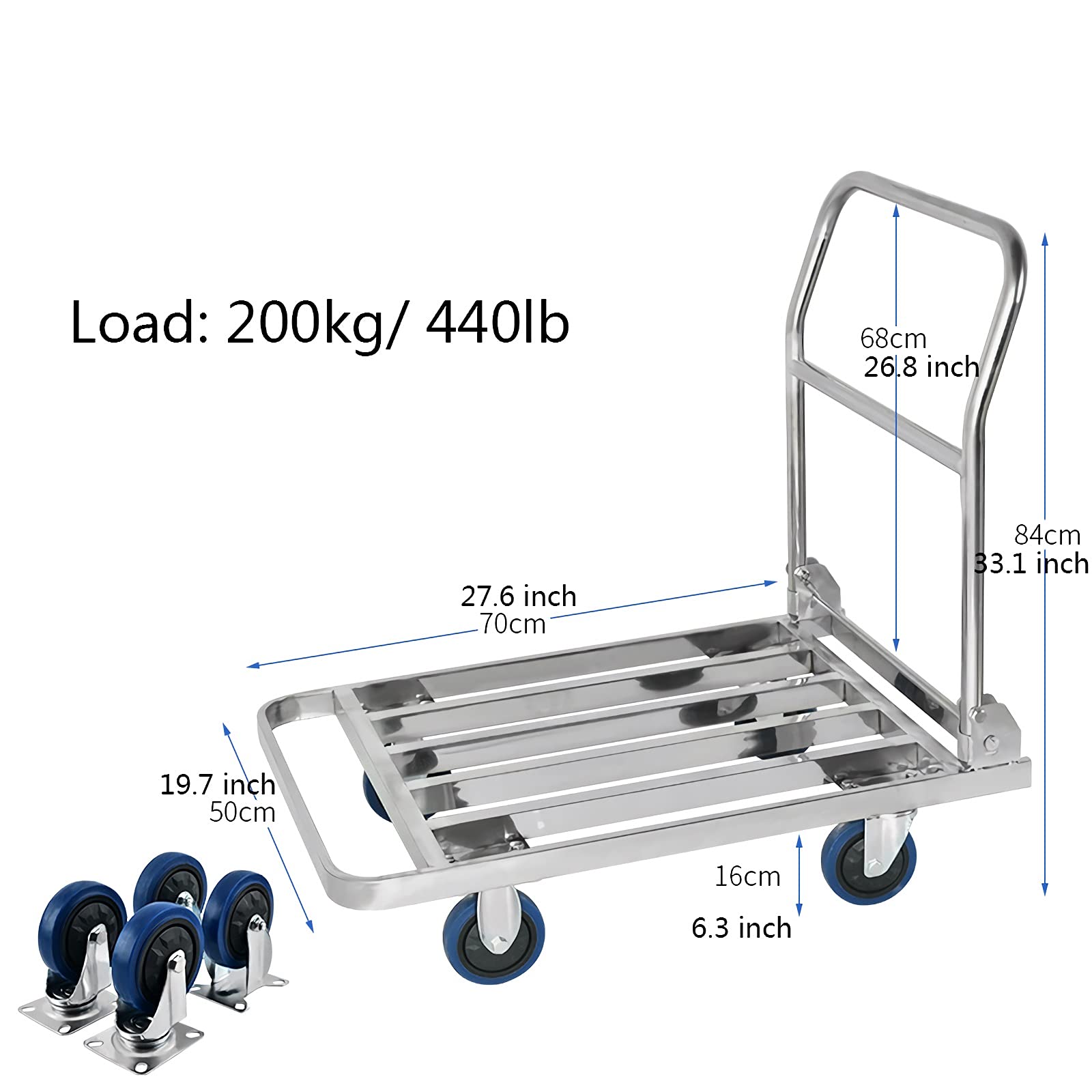 Wózek platformowy Składany wózek ręczny Wytrzymały wózek pchany ze stali nierdzewnej z platformą z wydrążoną platformą do transportu bagażu i bagażu Wózki pchane o dużej wytrzymałości(Size:50 * 70)