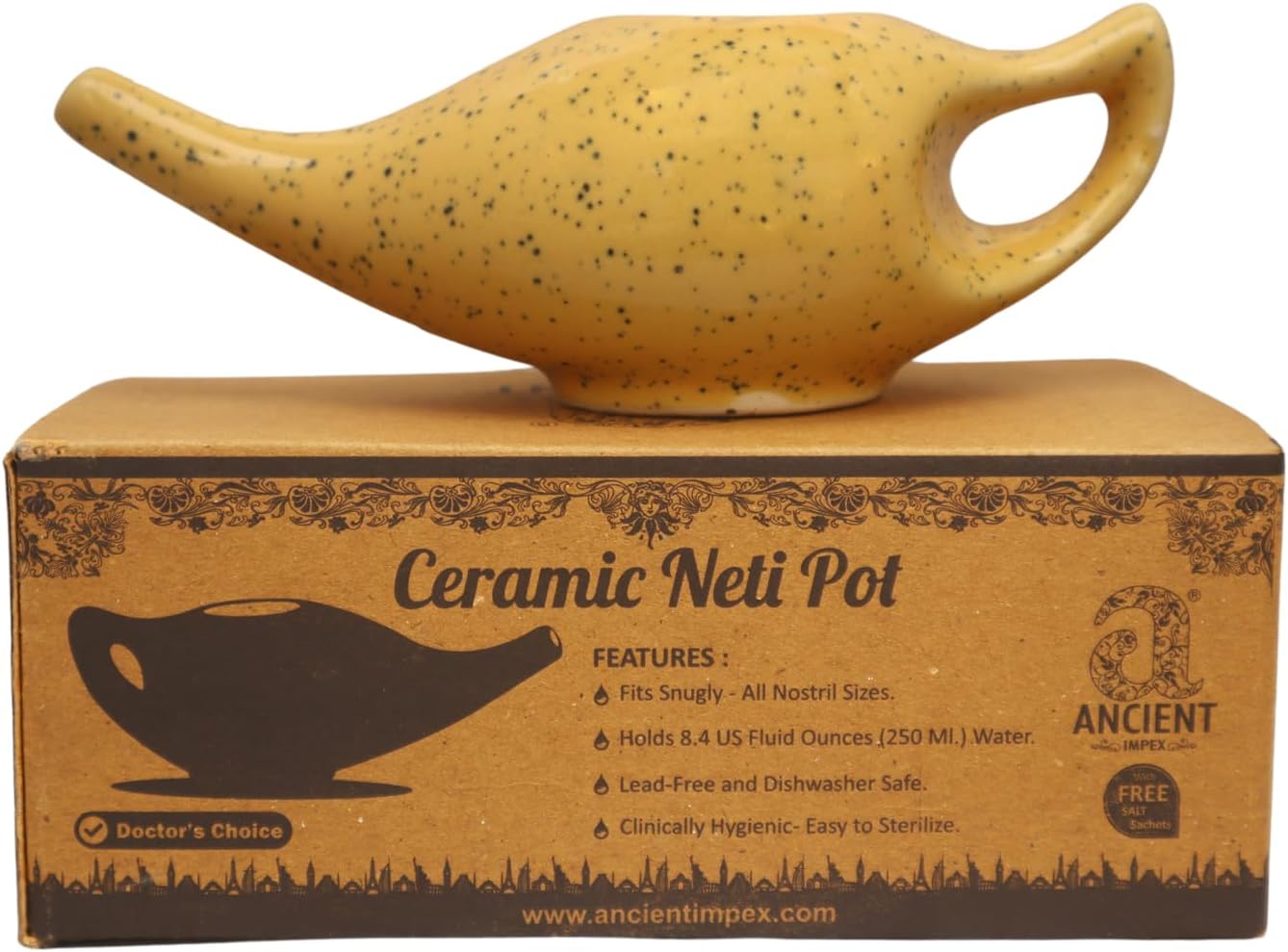 Ancient IMPEX Ceramic Neti Pot (Orange Freckle 250 ml) with 5 Neti Salt Sachets - Natural Nasal Cleansing, Sinus & Congestion Relief | Ayurvedic Neti Pot