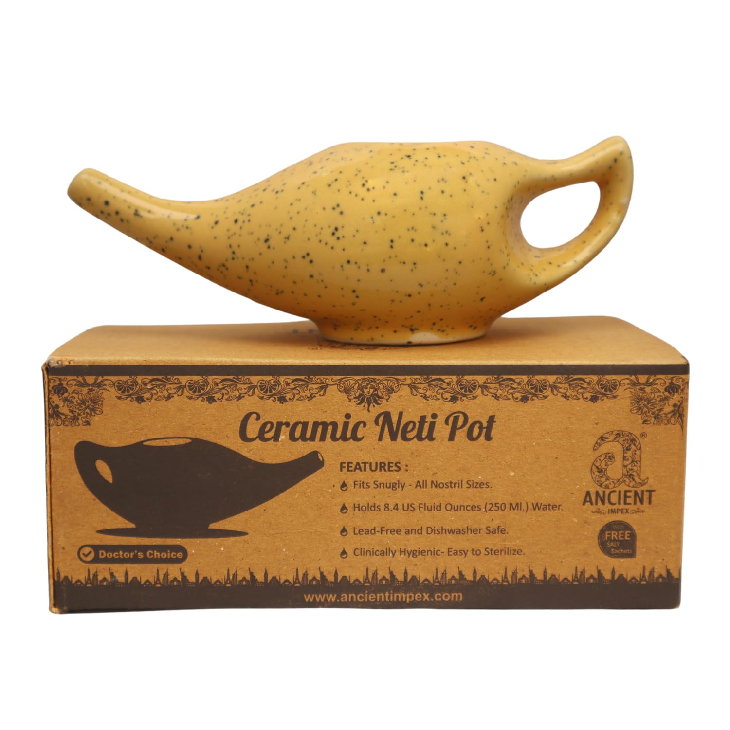 Ancient IMPEX Ceramic Neti Pot (Orange Freckle 250 ml) with 5 Neti Salt Sachets - Natural Nasal Cleansing, Sinus & Congestion Relief | Ayurvedic Neti Pot