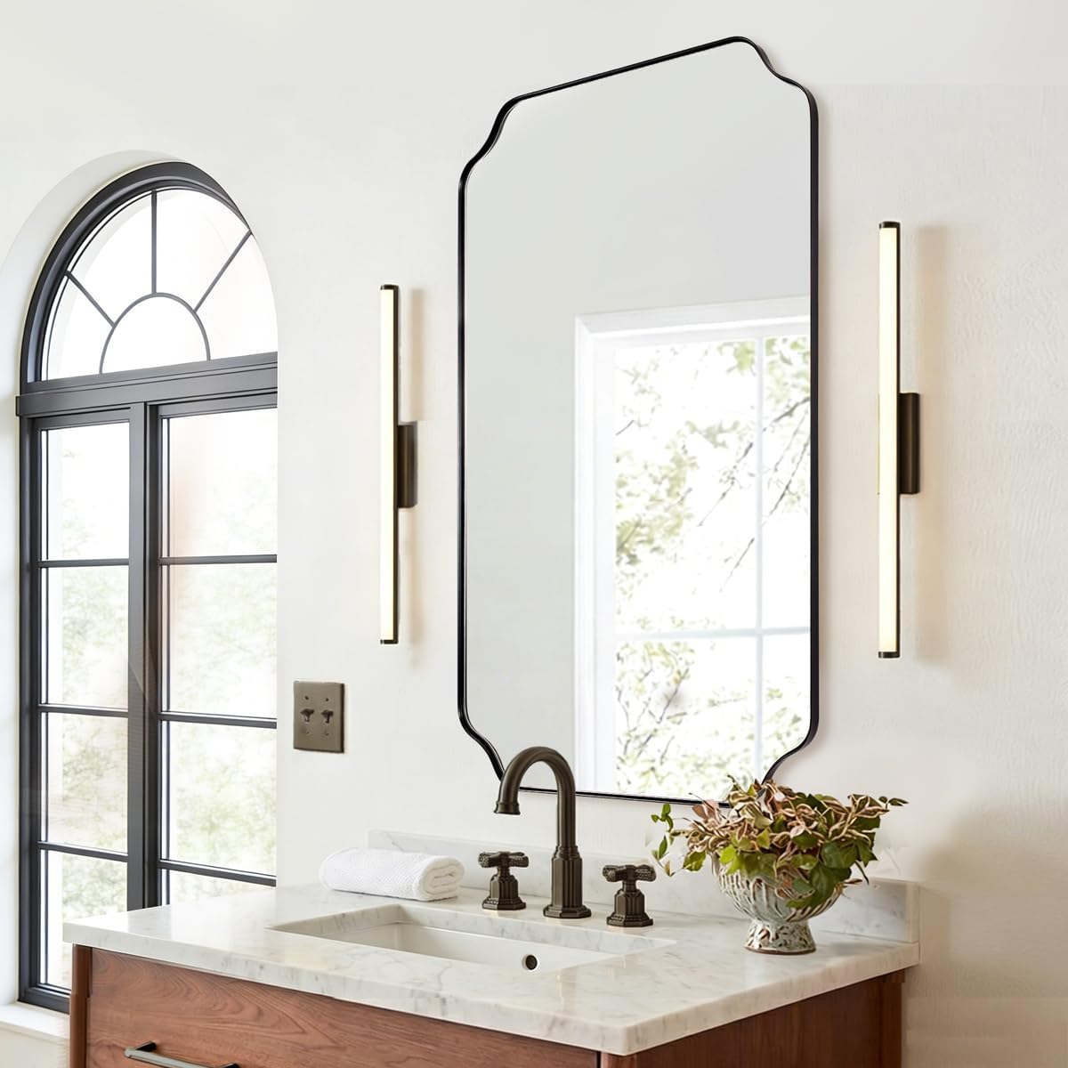 24x40 Scalloped Mirror, Contemporary Black Scalloped Bathroom Vanity Mirrors, Rounded Notched Corner Rectangle Mirror in 1’’ Stainless Steel Metal Frame Wall-Mounted Vertical/Horizontal