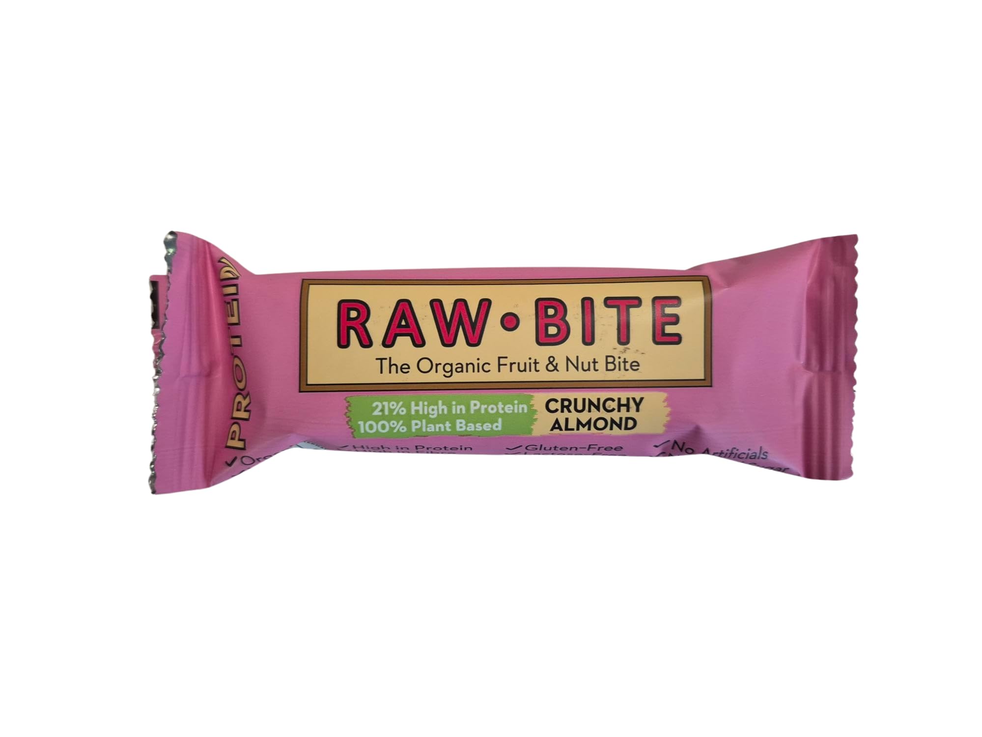 Raw Bite Protein Riegel Crunchy Almond mit 21g Eiweiß High in Protein 12 Bio Proteinriegel in Vorteilsbox mit Reisprotein, Datteln, Mandeln, Kürbiskernen & Kakao , 12 x 45 g