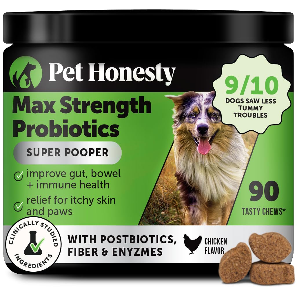 Max Strength Probiotics for Dogs - Super Pooper Dog Stool Hardener with Fiber & Digestive Enzymes, Reduce Occasional Diarrhea for Firm Perfect Poops (90 Ct)