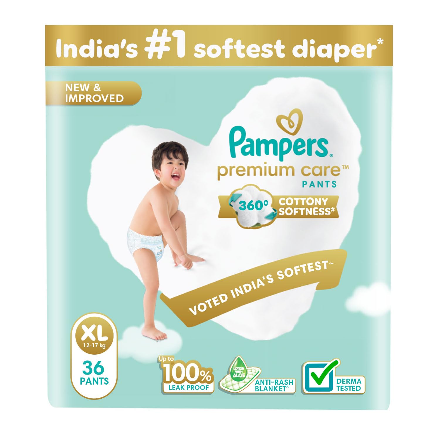 Pampers Premium Care Pant Style Baby Diapers | Extra-Large (XL size) | 36 Count | Voted India's Softest | All-in-1 with 360 Cottony Softness Diapers | 12-17kg