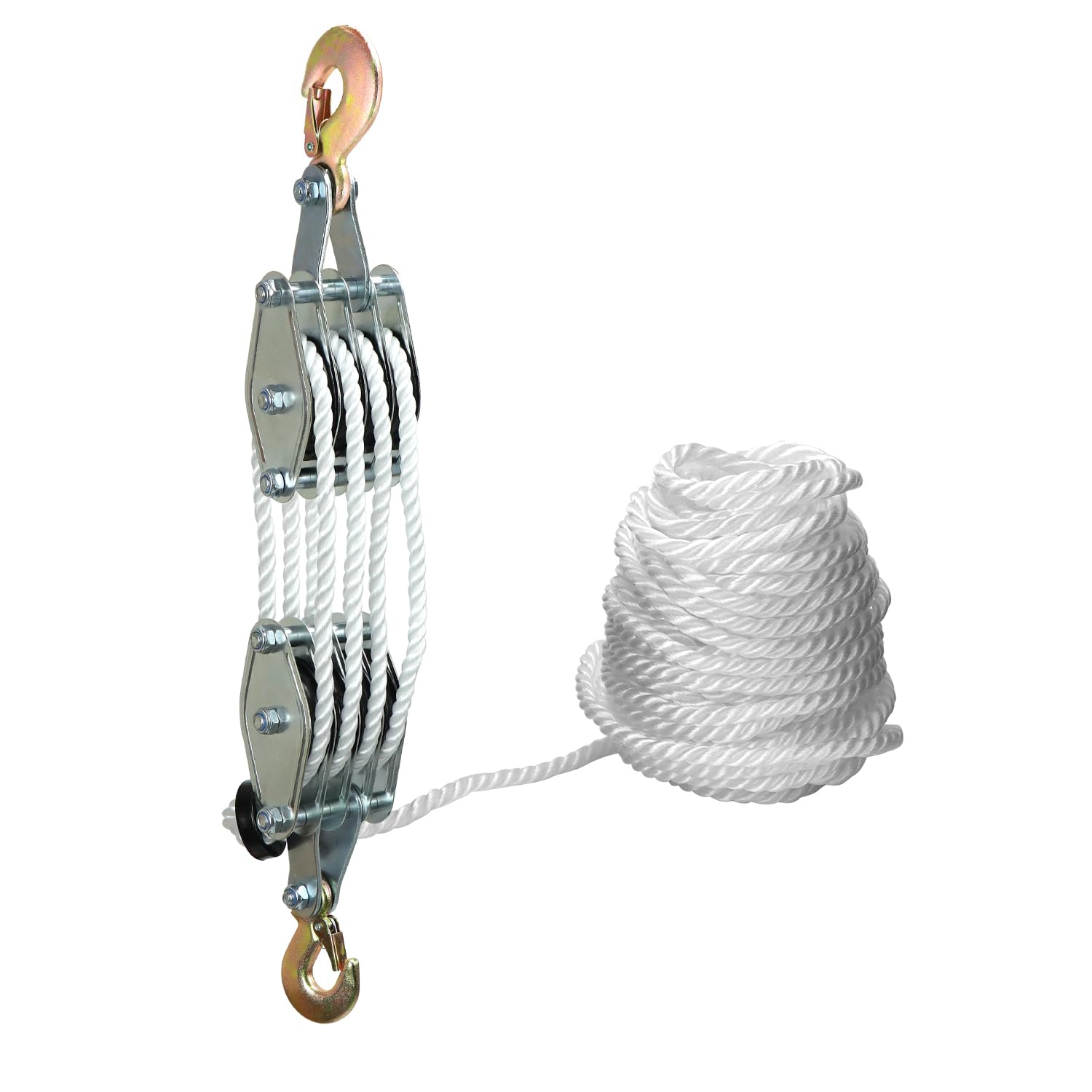 QWORK® Poulie de palan à corde de 2000 kg - Acier galvanisé - 8 Poulies - Levage 2,4m - Corde de nylon résistant de 20 m