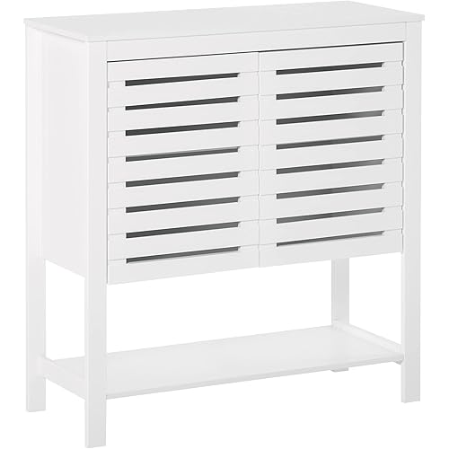 HOMCOM Slat Double Door Coffee Bar Cabinet, Sideboard Buffet Cabinet, Kitchen Cabinet with Bottom Shelf for Living Room, White
