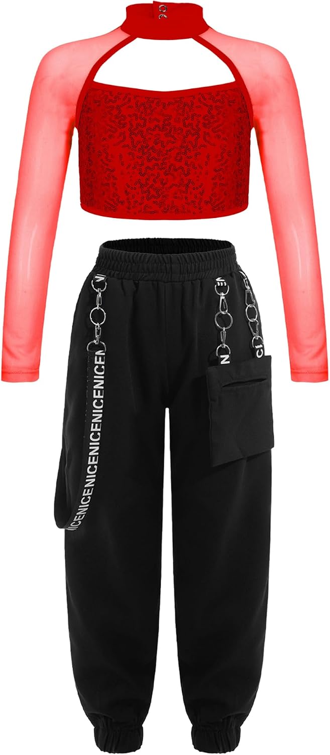YiZYiF Kids Girls Hip Hop Clothes 2 Piece Outfits Sequin Long Sleeve Crop Tops Cargo Pants Set Jazz Street Dancewear