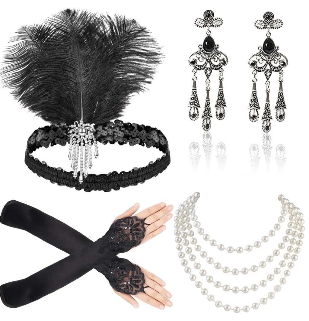 Kaimirui 5 Pcs 1920 Accessories Set,1920s Fashion Flapper Headband Holder Long Gloves Pearl Necklace Great Gatsby Accessories for Women,Ladies Charleston Fancy Set (Style 2)