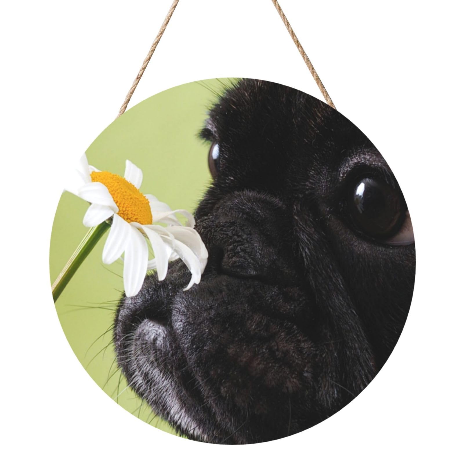 InOmak Dog Pattern Pug Floral Pattern, Round Wood Panel Painting 12 in, Wall Hanging Painting For Home