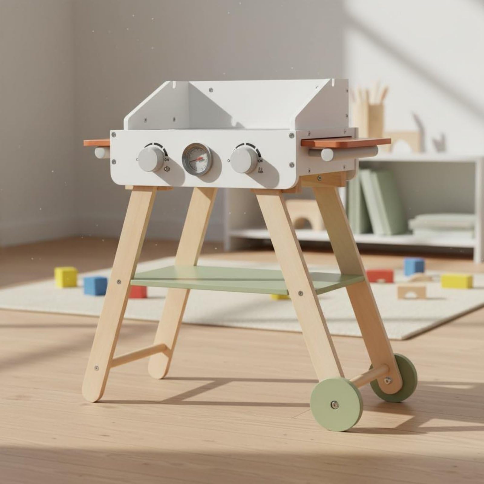 Barbecue Giocattolo per Bambini Griglia Finta Set Cucina Giocattolo in Legno con Manopole Etermometro Finto Cottura Immaginaria Ruoli Condivisi Adatto per Gioco Domestico Feste Asilo Regali