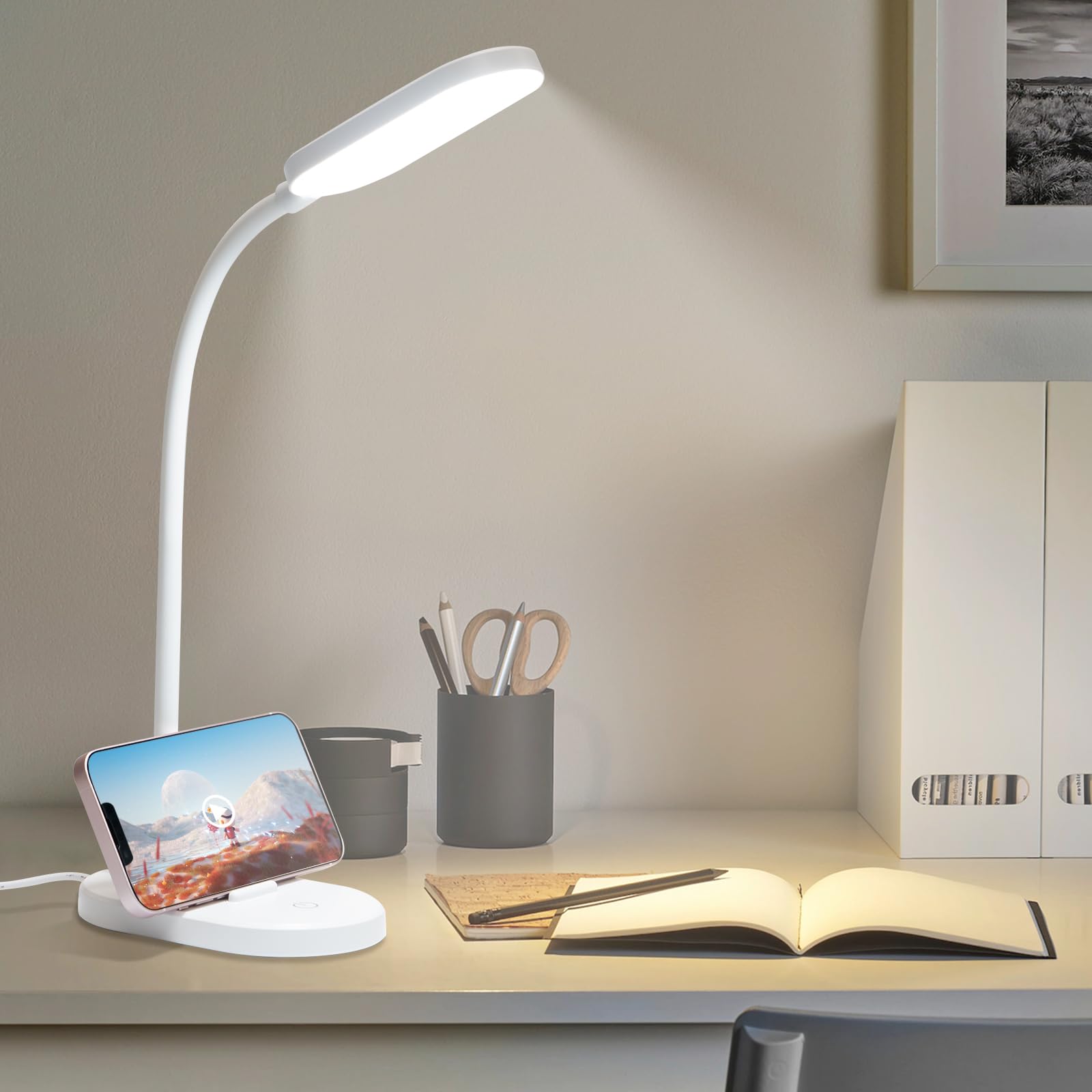 LQWELL® Lampa Biurkowa LED Lampa Studyjna Do Domowego Biura, 360° Elastyczna Gęsia Szyja, Sterowanie Dotykowe Lampa Stołowa Do Czytania Z Uchwytem Na Telefon (Biały)