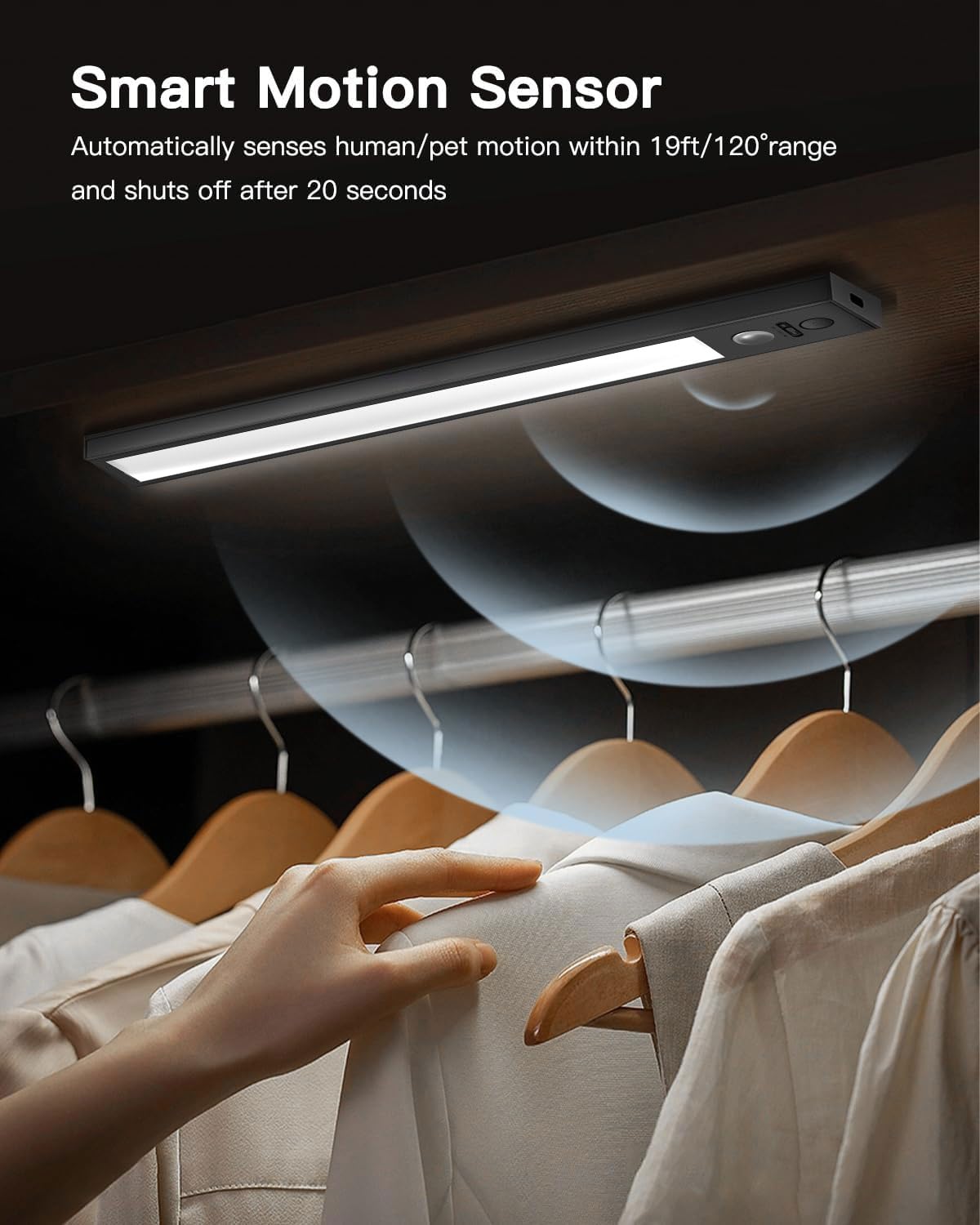 Luci LED Sensore di Movimento, Luce Notturna Sottopensile Cucina, Lampada Led Ricaricabile Batteria da 2500mAh, Alimentata a USB, per Corridoio, Guardaroba, Armadio, Confezione da 2, Colore Nero