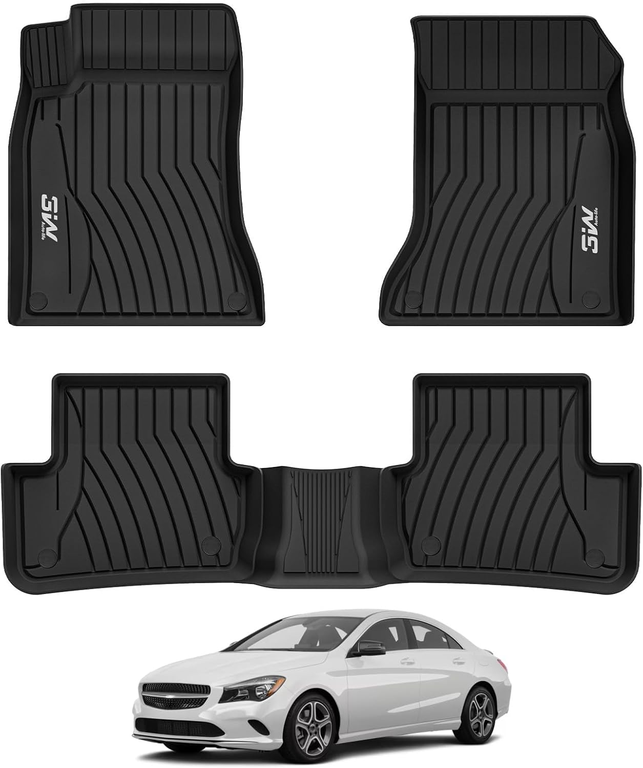 3W Floor Mats Compatible for Benz CLA 2014-2019 TPE All Weather Custom Fit Floor Liner for Benz CLA 1st and 2nd Row Full Set Car Mats Black