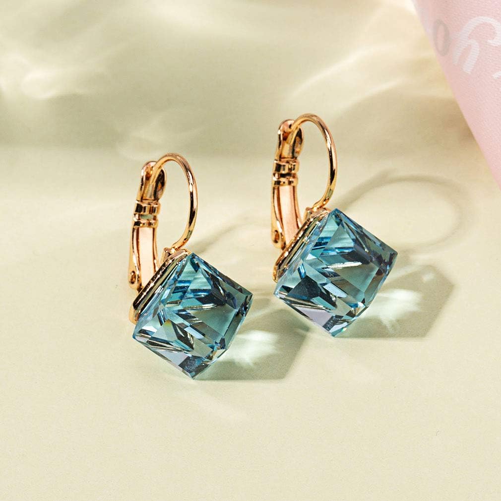 Cube Austrian Crystal Drop Leverback Earrings for Women Fashion 14K Rose Gold Plated Hypoallergenic Jewelry - Image 8