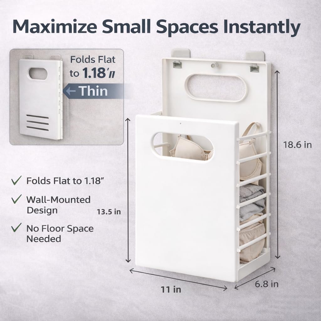 Wall Mounted Laundry Basket, Foldable Slim Hamper for Small Spaces image 5